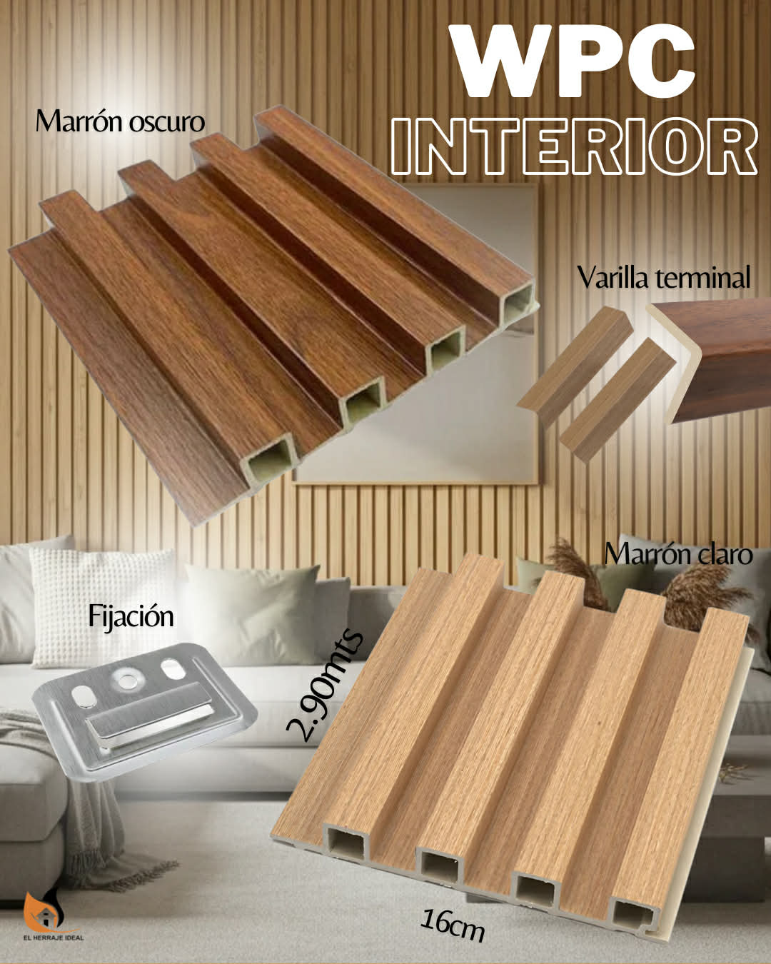 REVESTIMIENTO PANEL WPC 2.90mts X 16cm - MARRÓN CLARO IMPORTADO